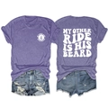 Front and back view of purple heather t-shirt with My Other Ride Is His Beard print - Purple (White Print)