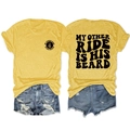 Front and back view of yellow T-shirt with 'My Other Ride Is His Beard' print and denim shorts - Yellow