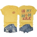 Detail of In My Sourdough Mom Era print on mustard t-shirt with denim shorts - Yellow