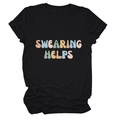 Detail of the colorful gradient 'SWEARING HELPS' typography on a black cotton t-shirt - S / Black