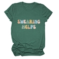 Detail of Swearing Helps typography print on dark green cotton crewneck t-shirt - S / Vintage Green
