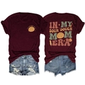 Detailed front and back view of burgundy t-shirt with sourdough mom print and denim shorts - Burgundy