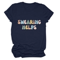 Detailed flat lay of navy blue cotton T-shirt featuring colorful Swearing Helps typography - S / Navy Blue