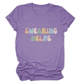 Close-up of colorful bubble letter Swearing Helps print on purple crew neck T-shirt - S / Purple