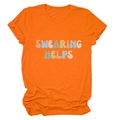 Detail of vintage Swearing Helps graphic print on orange casual crew neck cotton t-shirt - S / Orange