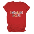 Detail of red crewneck T-shirt showing retro bubble text SWEARING HELPS print and texture - S / Red