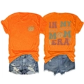 Detail view of orange T-shirt with vintage sourdough mom baking prints on front and back - Orange