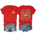 Close-up of vintage baking graphics on a red t-shirt showing both front and back views - Red