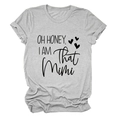 Detail of grey crewneck tee featuring Oh Honey I Am That Mimi slogan and hearts - Light Gray (Black Font)