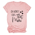 Detail of pink cotton t-shirt featuring OH HONEY I AM THAT MIMI graphic text and hearts - Pink (Black Print)