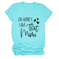Detail of teal crew neck t-shirt featuring OH HONEY I AM THAT MIMI print and heart icons - Deep Water Blue (Black Font)