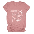 Detailed close-up of pink casual t-shirt with OH HONEY I AM THAT MIMI white text print - Rose Gold (White Font)