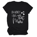 Detailed view of Oh Honey I Am That Mimi slogan print on a black cotton t-shirt - Black (White Font)