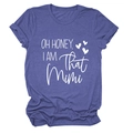 Close-up of purple t-shirt featuring OH HONEY I AM That Mimi text and heart print - Retro Blue (White Font)