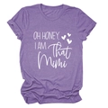 Detail of purple cotton T-shirt featuring Oh Honey I Am That Mimi white graphic print - Purple (White Font)