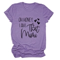 Close-up of Oh Honey I Am That Mimi text print on purple marled cotton t-shirt - Purple (Black Text)