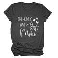 Detail of dark grey T-shirt featuring white OH HONEY I AM THAT MIMI heart print - Heather Gray (White Font)