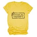 Detail view of cotton yellow T-shirt featuring black Physical Therapy text and leopard print - Yellow (Black Font)