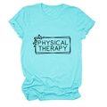Close-up of Physical Therapy print on lake blue cotton t-shirt with leopard accents - Deep Water Blue (Black Font)