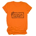 Detail of orange cotton t-shirt featuring black Physical Therapy text and leopard print - Orange (Black Font)