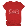 Detail of red Physical Therapy cotton t-shirt featuring leopard print graphic lettering - Red (White Font)