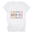 Detail shot of the colorful NICU nurse print on this white casual short sleeve T-shirt - White (Black Text)