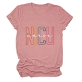 Detail of NICU nurse print on soft heather pink cotton t-shirt with crew neck design - Rose Gold (White Text)