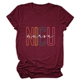 Close-up of burgundy NICU nurse printed round neck tee with rolled short sleeves - Wine Red (White Text)