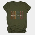 Close-up of NICU Nurse print on soft army green cotton fabric of a casual T-shirt - Army Green (White Text)