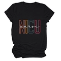 Detail of NICU nurse colorful lettering print on black round neck short sleeve cotton T-shirt - Black (White Text)