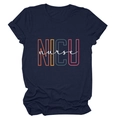 Close-up of navy blue NICU nurse t-shirt with colorful artistic lettering on cotton fabric - Navy Blue (White Text)