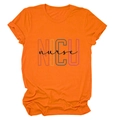 Detailed shot of bright orange cotton t-shirt featuring colorful NICU nurse print - Orange (Black Text)