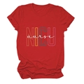 Detailed view of colorful NICU Nurse print on a red round neck cotton T-shirt - Red (White Text)