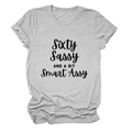 Detail of soft light gray cotton t-shirt with black Sixty Sassy printed lettering - Light Gray (Black Font)