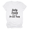 Detail of white cotton T-shirt featuring black Sixty Sassy and a bit Smart Assy print - White (Black Font)
