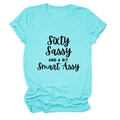 Detail of aqua blue crew neck T-shirt with Sixty Sassy and Smart Assy slogan print - Deep Water Blue (Black Font)