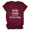 Detail of burgundy crew neck tee with Sixty Sassy slogan and folded sleeve cuffs - Wine Red (White Font)
