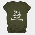 Detail of army green t-shirt with white Sixty Sassy AND A BIT Smart Assy print - Army Green (White Font)