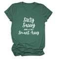 Detail of white Sixty Sassy slogan print on dark green cotton knit short sleeve t-shirt - Retro Green (White Font)