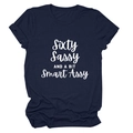 Detail of navy blue cotton T-shirt featuring Sixty Sassy printed white typography - Navy Blue (White Font)