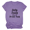 Detail of purple short sleeve tee featuring Sixty Sassy letter print and rolled cuffs - Purple (Black Text)