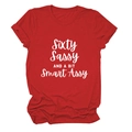 Close-up of Sixty Sassy and Smart Assy graphic print on red cotton crew neck T-shirt - Red (White Font)