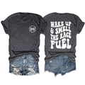 Détail de l'imprimé slogan race fuel et du short en jean vieilli en ensemble d'été - S / Gris Chiné Noir
