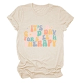 Detail of oatmeal t-shirt with colorful It's a Good Day for Speech Therapy print - Sand