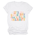 Detail of white cotton tee featuring colorful groovy speech therapy print and rolled sleeves - White