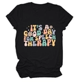 Detail of retro colorful typography and floral pattern on black cotton speech therapy tee - Black