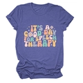 Detail of Heather Purple t-shirt featuring IT'S A GOOD DAY FOR SPEECH THERAPY print - Vintage Blue