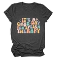 Close-up of charcoal grey t-shirt featuring groovy retro speech therapy text and daisies - Black Heather Grey