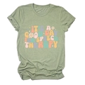 Close-up of speech therapy quote print and daisy flowers on green cotton t-shirt - Olive Green