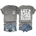 Flat lay of gray soccer T-shirt with Let's Kick Some Grass print on front and back - S / Top (White Print) / Dark Gray
